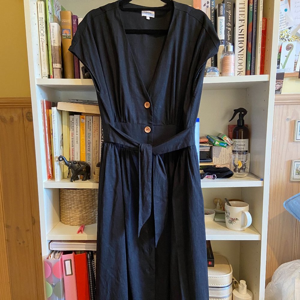 🌱 LEONI women’s midi dress black Size L / 14 Linen Blend NEW V neck - Picture 4 of 10